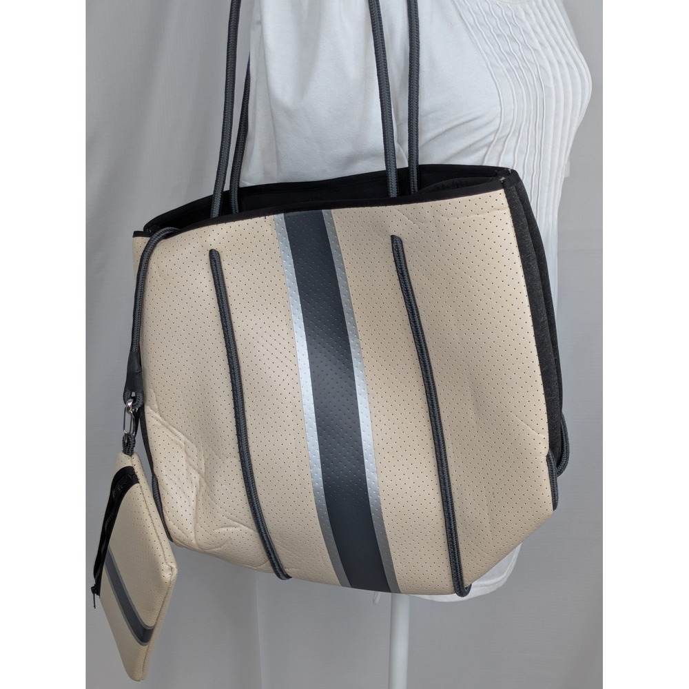 Haute Shore Neoprene Tote Bag Beige Gray Stripe w/ Matching Wristlet Clutch